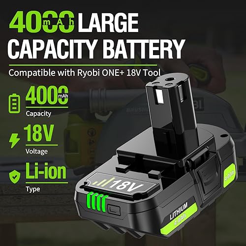 Miniatura 2 de Paquete de 2 baterías de litio de 4.0Ah P107 de repuesto para Ryobi de 18 V compatibles con Ryobi 18 voltios ONE+ Plus P102 P103 P104 P105 P106 P108