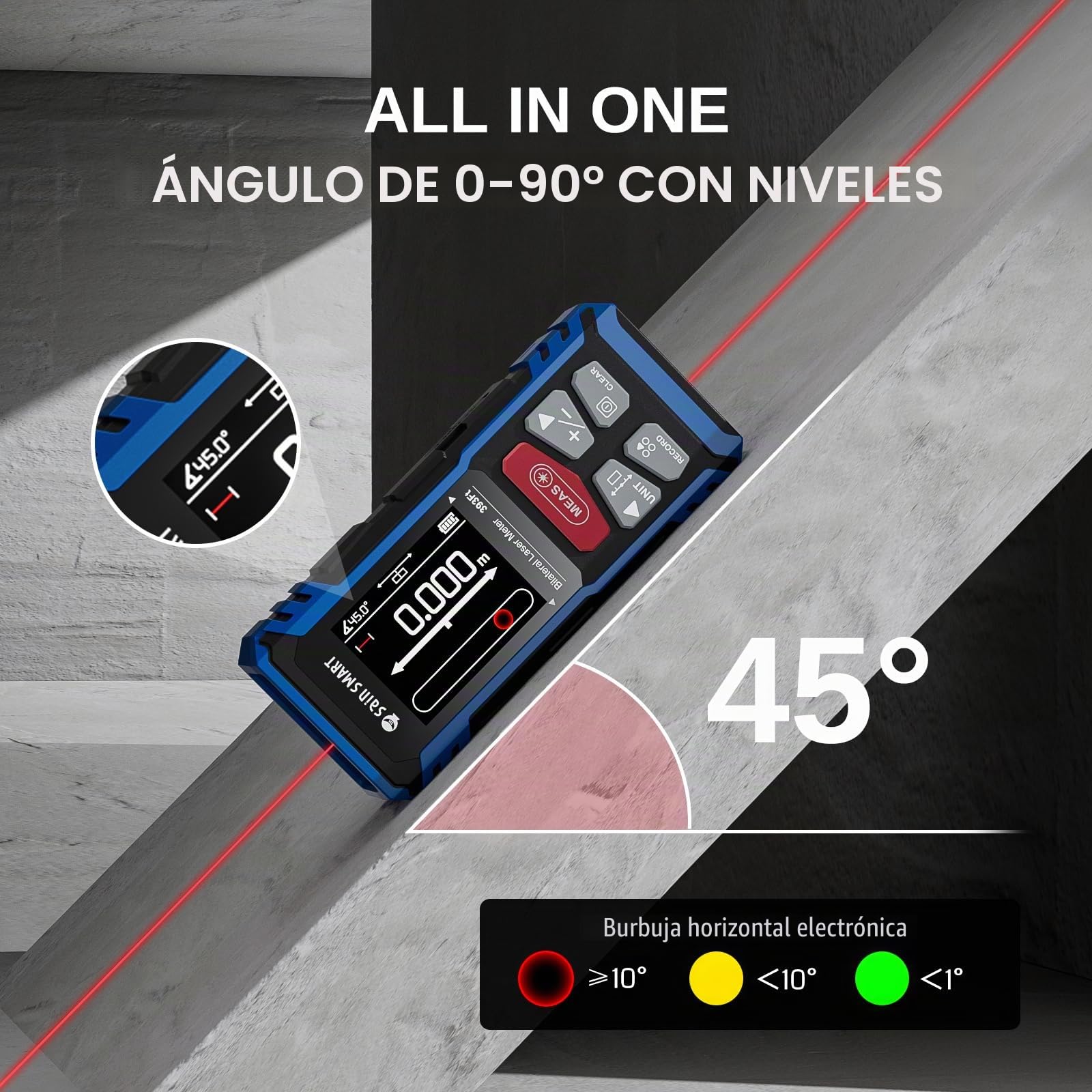Medidor láser Doble SainSmart, medidor de Distancia Bilateral de 120 m con Pantalla LCD retroiluminada, medidor láser Recargable, Sensor de Longitud, área, Volumen y ángulo