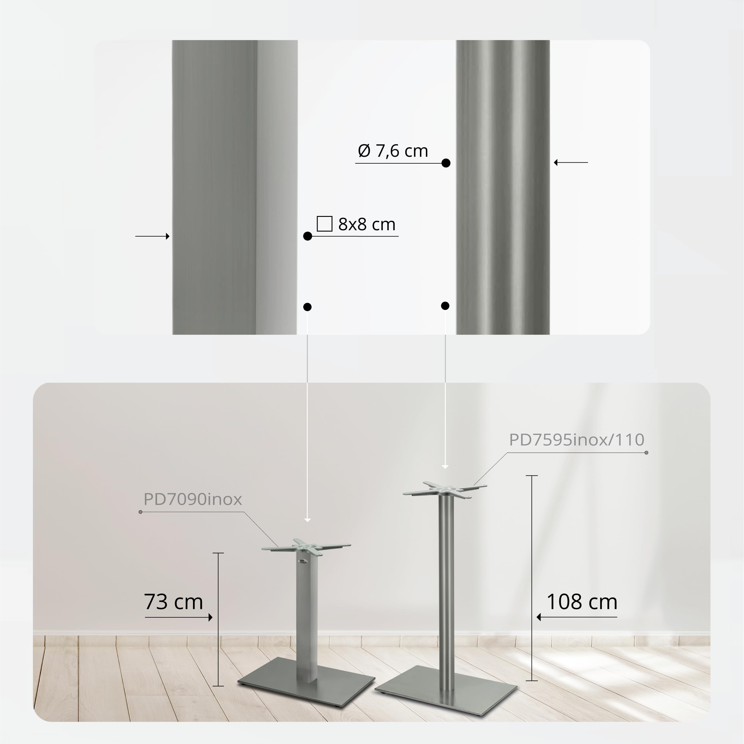 Base per Tavolo da Pranzo Premium in Acciaio Inossidabile - PD7090inox - Gambe per Tavoli (Altezza: 73 cm, Peso: 25 kg, Area di Appoggio: 60x40 cm) - Max. Dimensione della Tavola: 120x80 cm