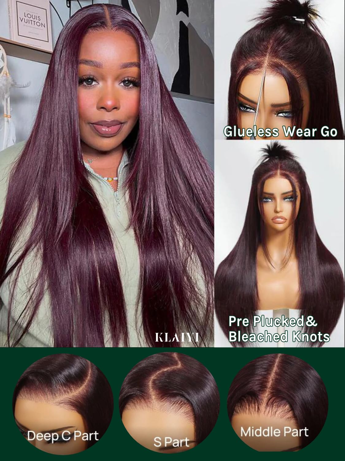 KLAIYI Black Cherry Layered Straight 7x5 Pre Cut Lace Front Wigs Human Hair Bye Bye Knots Glueless Ready to Wear Go Wig Pre Plucked Pre Bleached Dark Burgundy Wine Red Beginner Wig 180% Density 18Inch