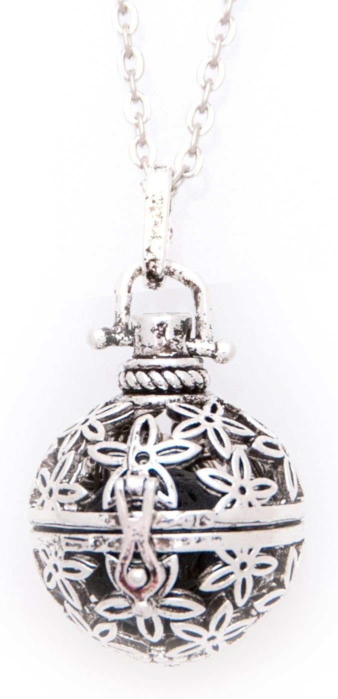 Lava Stone Aromatherapy Pendant/Locket Essential Oil Diffuser Necklace - Antique Silver (Lily)