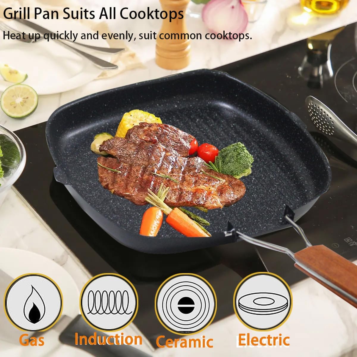 Nonstick Grill Pan with Folding Handle, 11in/ 28cm Lightweight Grill Pan for Stove Tops, 1.76lbs Versatile Griddle Pans with Pour Spouts, Square Grilling Skillet Steak Pan for Indoor Outdoor Camping - Image 2