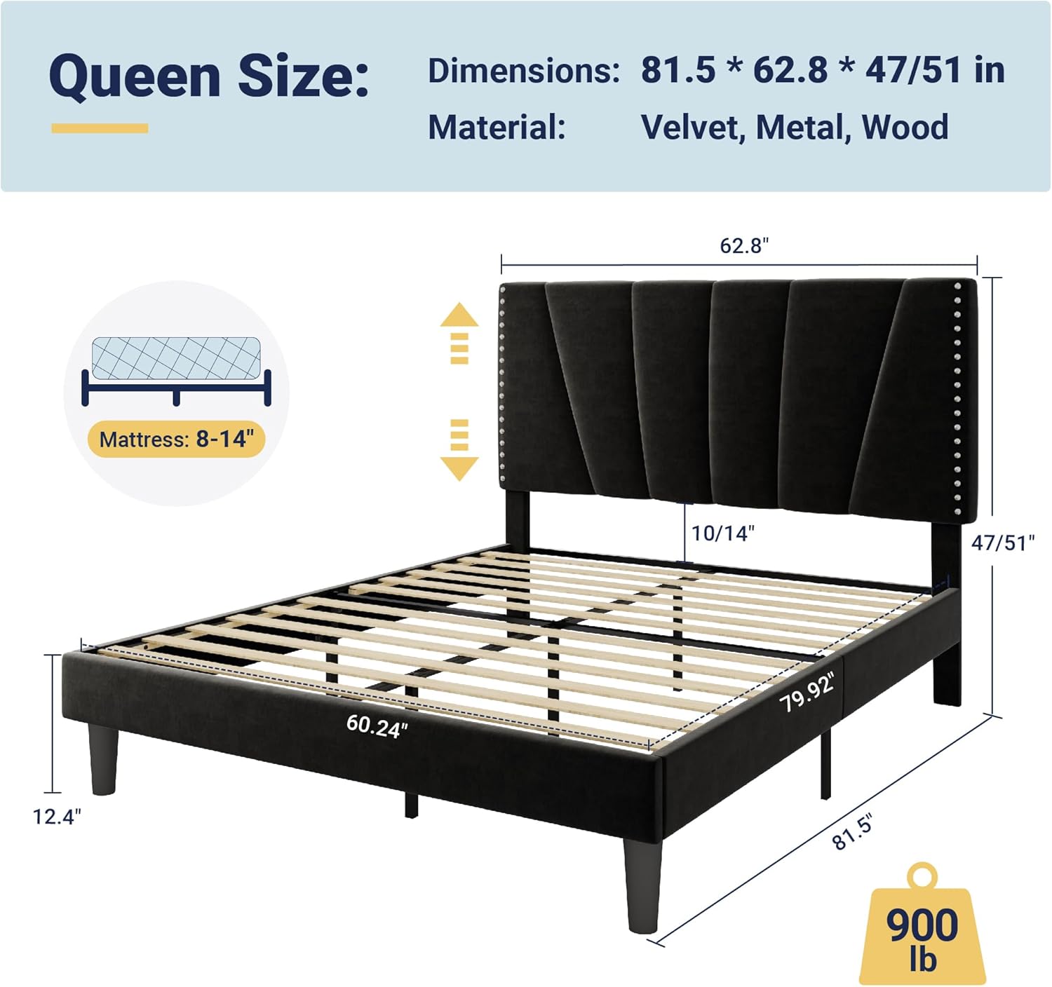 Allewie Queen Size Bed Frame with Adjustable Velvet Upholstered Headboard, Rivet-Style Nailhead Trim Detail Platform Bed Frame, Wooden Slat Support, No Box Spring Needed, Easy Assembly, Black