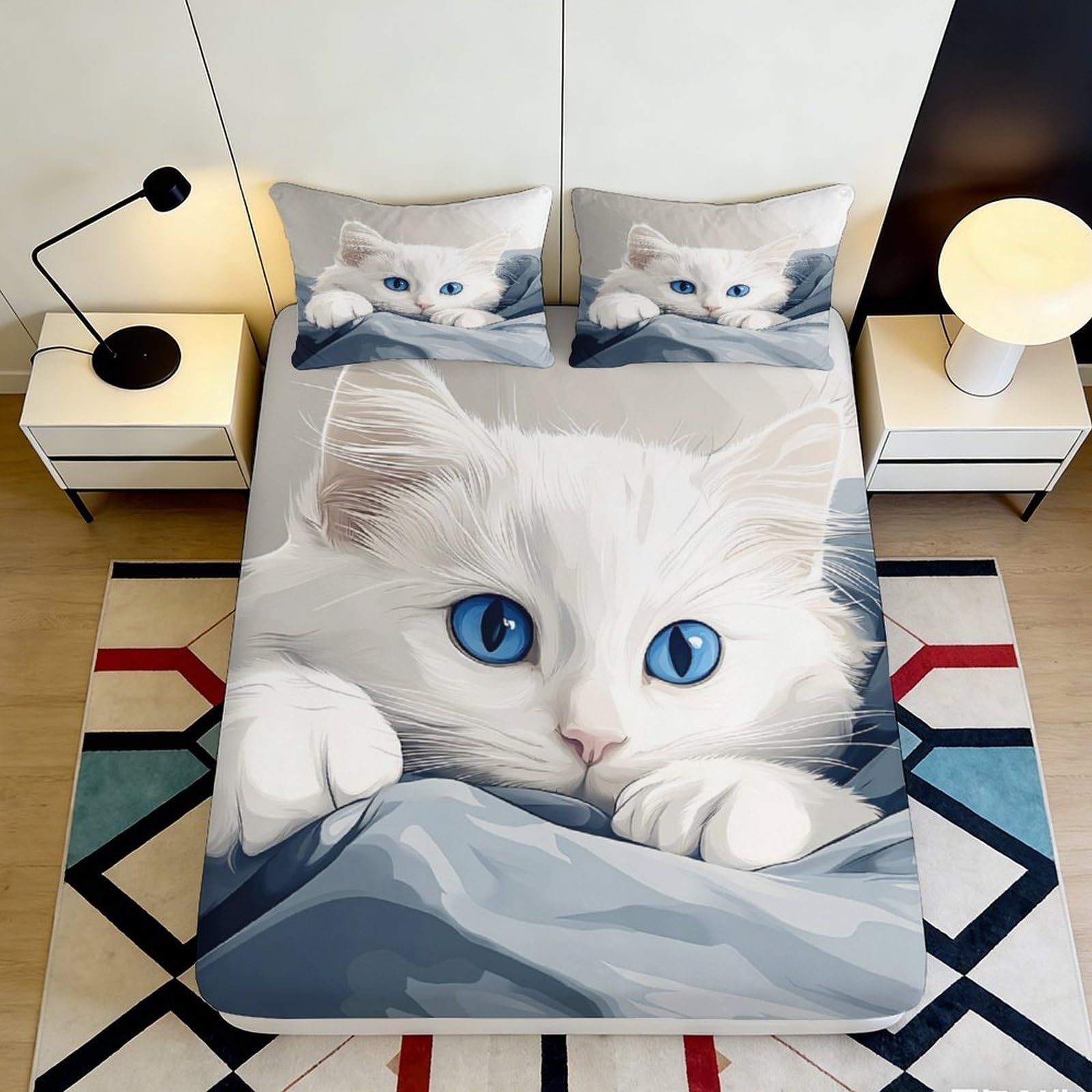3D Printed White Cat Fitted Sheet Microfiber Soft Durable Blue Eyes Bed Cover for Bedroom Dormitory Guest Room Mattress Protection Decoration 200x200x25cm