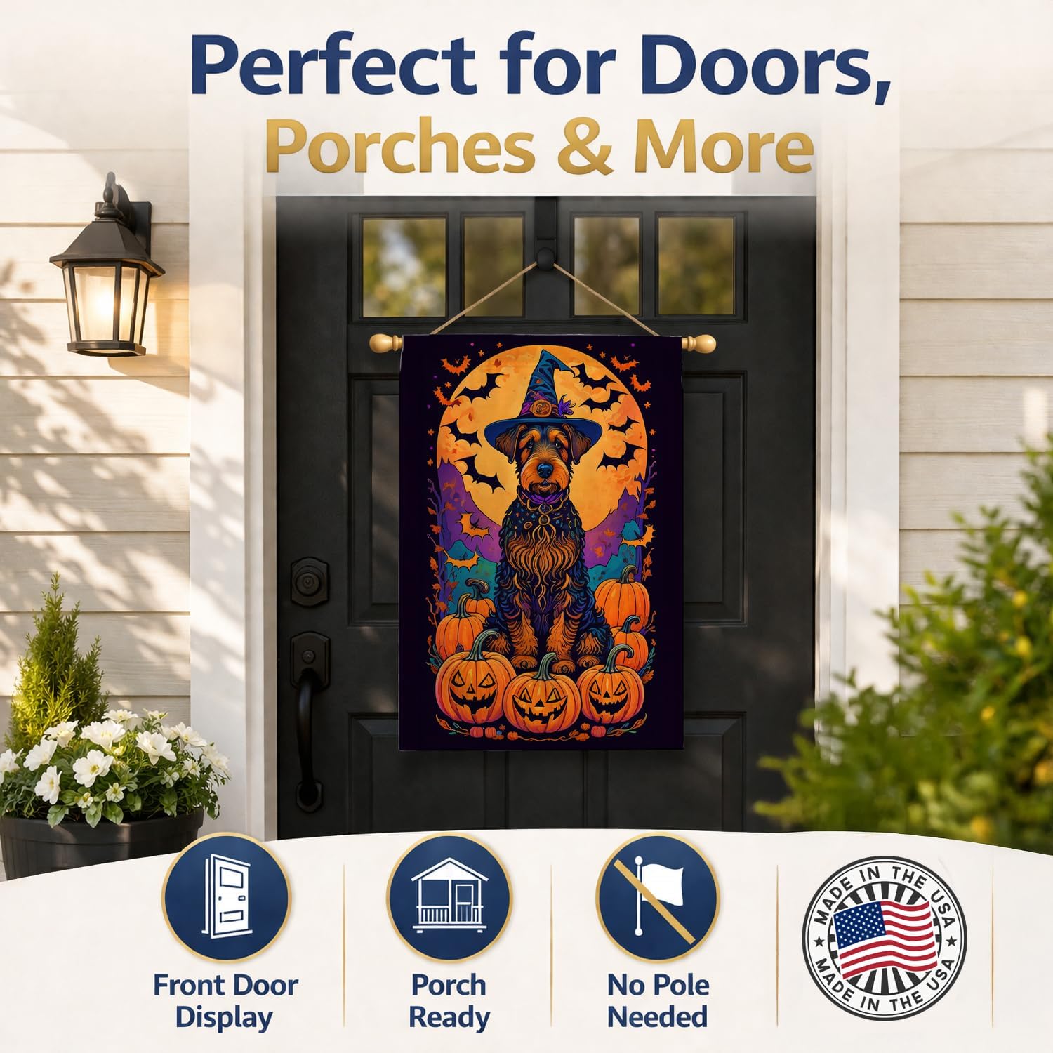 Caroline's Treasures DAC1467CHF Airedale Terrier Witchy Halloween House Flag Large Porch Sleeve Pole Decorative Outside Yard Banner Artwork Wall Hanging, Polyester, House Size, Multicolor