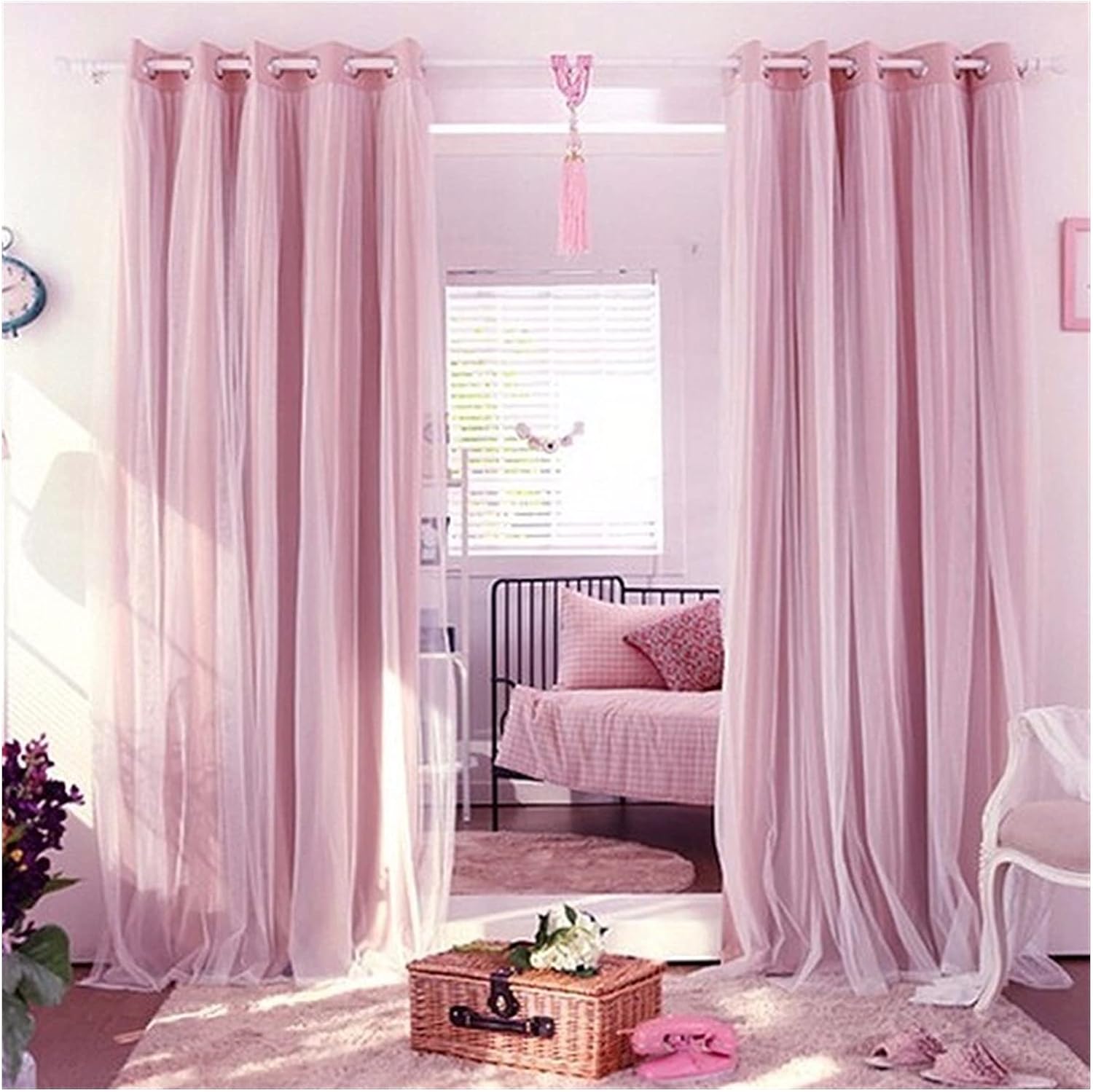 Blackout Curtains 1 Panel Pink Blackout Drapes Mix and Match Tulle Sheer Lace Blackout Curtain Grommet Window Screen for Kids Room Curtains (Color : A Size : Grommet)