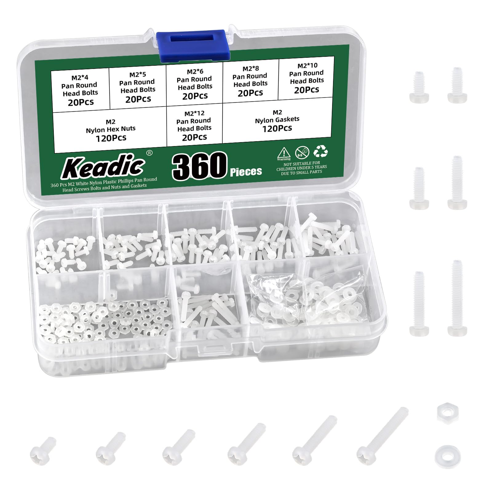 Keadic 360Pcs M2 White Nylon Plastic Pan Round Head Screws, Nylon Plastic Pan Round Head Screws Bolts And Nuts Nylon Pan Head Machine Screws Nut Washer Kit Nylon Pan Head Machine Screws