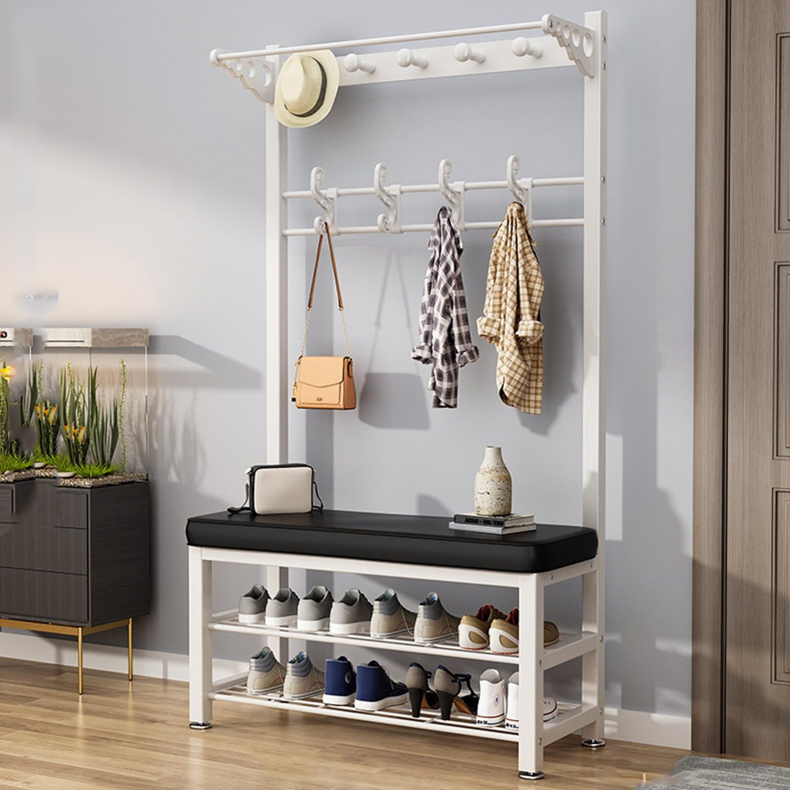 LWJSOCP Metal Coat Rack Shoe Bench with 2 Tier Shelves and Hooks Entryway Bench with Shoe Rack 80CM