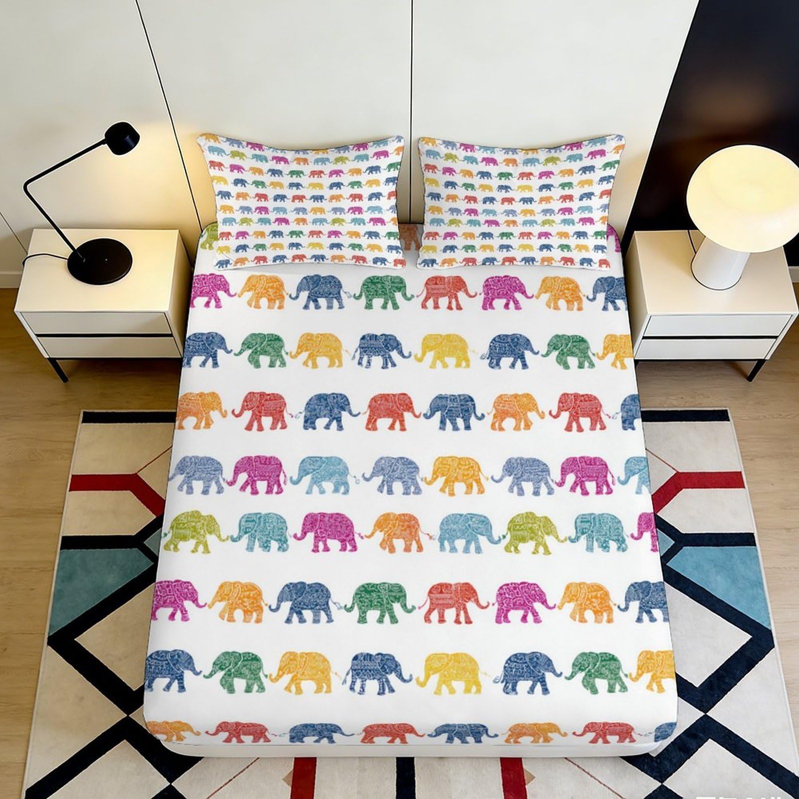 3D Printed Mandala Elephant Fitted Sheet Microfiber Deep Pocket Non-Slip Mandala Elephant Mattress Fitted Cover Home Bedding Washable 180x200x25cm