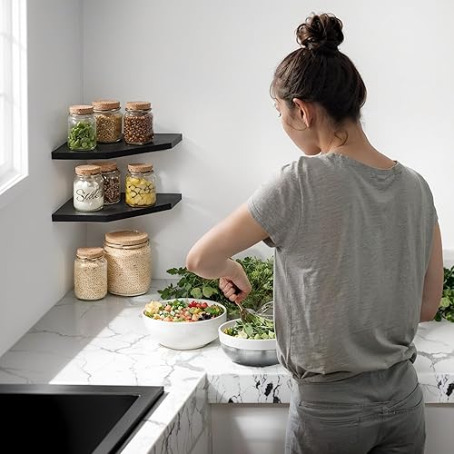 Miniatura 5 de Demigo Estante esquinero para montaje en pared, juego de 2 estantes flotantes de madera de acacia maciza de 11.8 x 16.5 pulgadas, suaves y