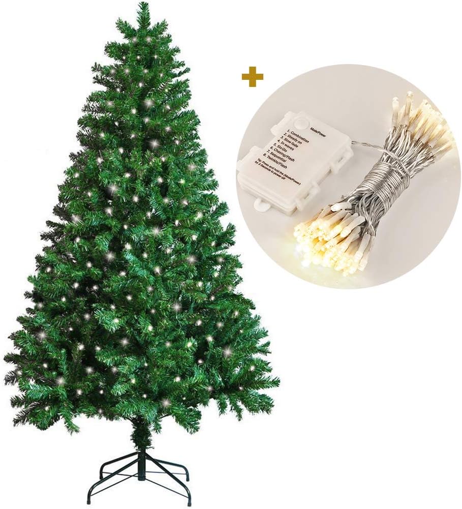 Koopower 1.8M/ 6FT Christmas Tree 800 Branches Artificial Tree with 100 LEDs Battery Operated Xmas Fairy String Lights Warm White (Metal Stand, Green)