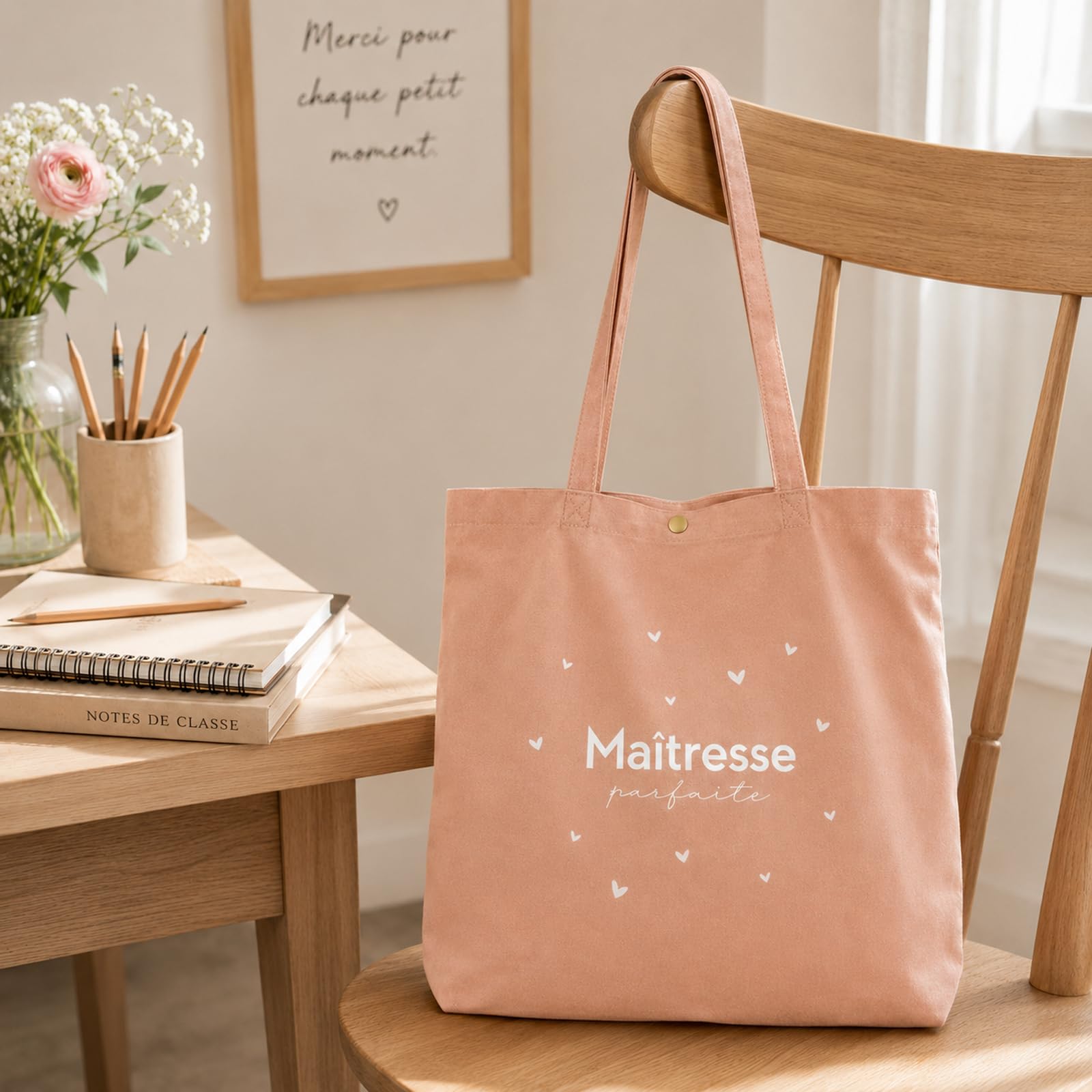 Manahia Tote Bag Maîtresse Parfaite - Idée Cadeau fin d'année scolaire & Noël - Sac Institutrice Brodé - Cabas 100% Coton avec Poche - Merci Maîtresse
