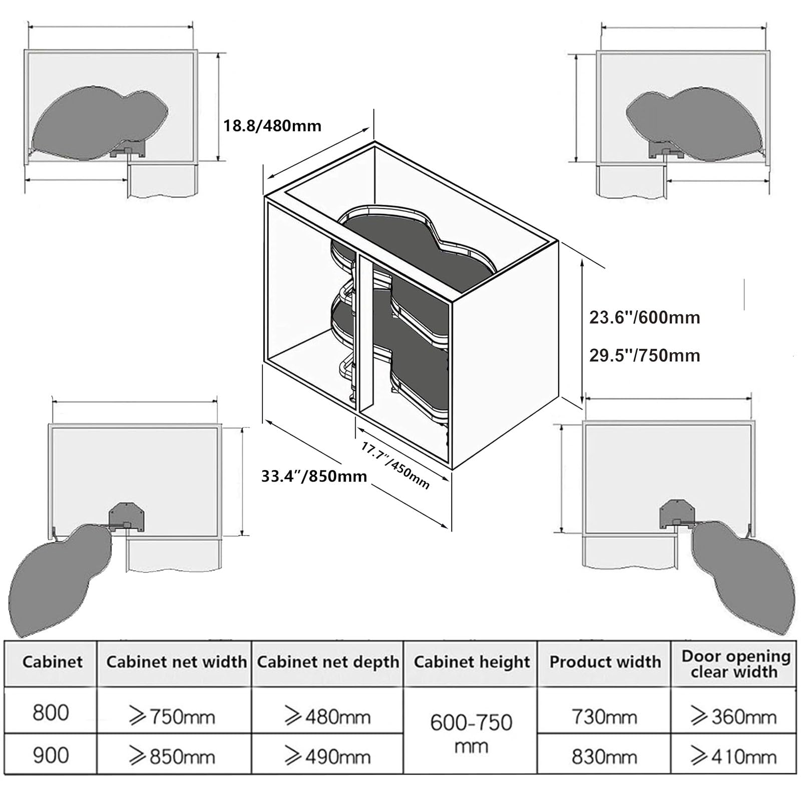 Meuble de Cuisine, Meuble d'angle Coulissant avec 4 paniers, Organiseur Coulissant pour la Maison, la Cuisine et la Salle de Bain (800/900 mm)