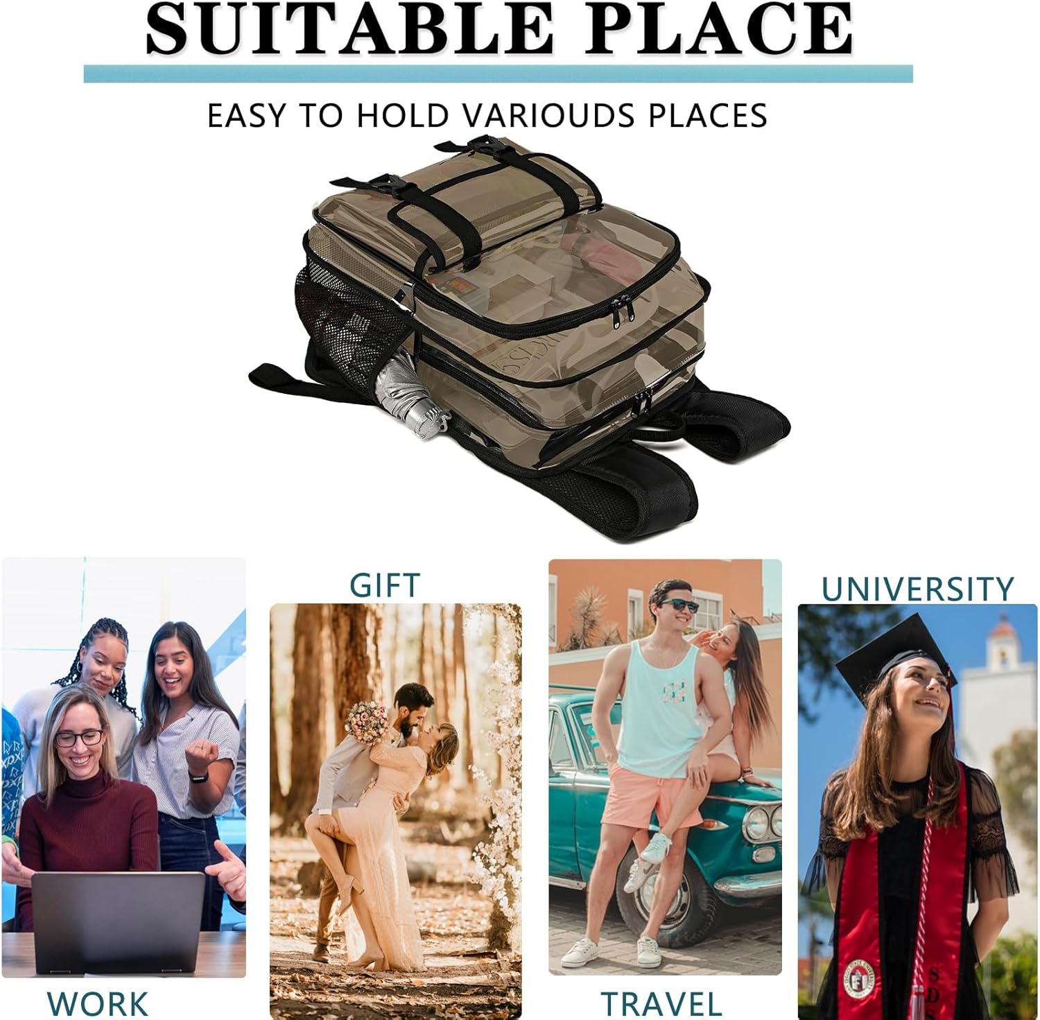 Clear Backpack, 15 inch Heavy Duty See Through Backpack for Boys and Girls Clear Book Bag with Multi-pockets, Brown - Image 8