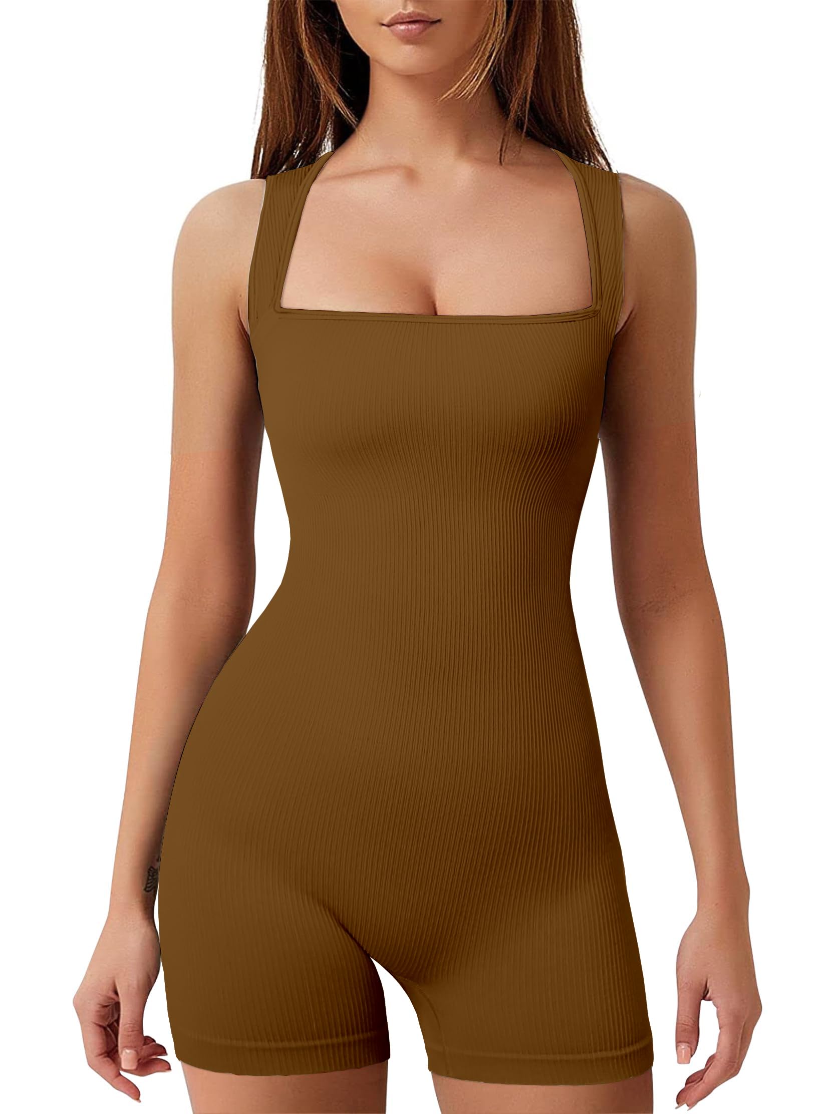 YIOIOIO Women's Workout Seamless Romper Yoga Ribbed Bodycon One Piece Square Neck Shorts Jumpsuit