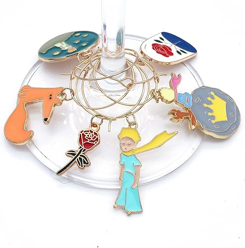 The Little Prince Wine Charms, Little Prince Gift, Handmade Gold Steel Hoops with Enamel Drink Charms, Set of 6 in Gift Box
