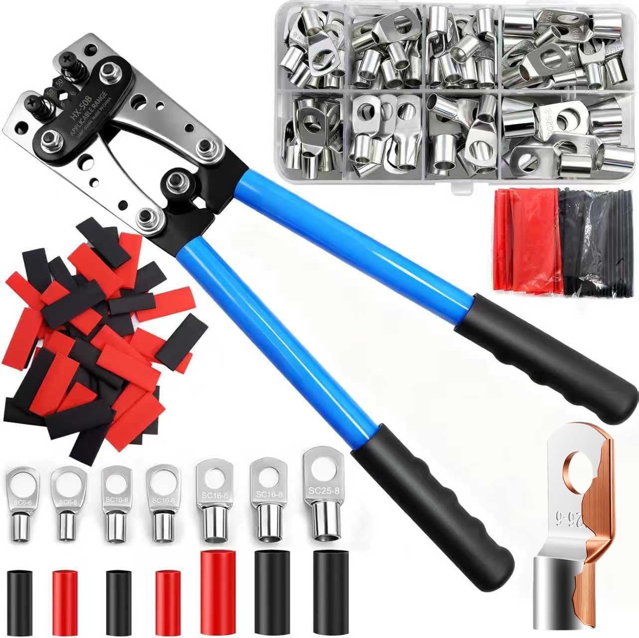 Battery Cable Crimping Tool,AWG 10-1/0 Lug Crimper with 100pcs Heat Shrink Tubing and 60pcs Copper Wire Lugs,0 Gauge Wire Crimper with 8 Sizes Cable Lugs Set for Battery Cable Terminals