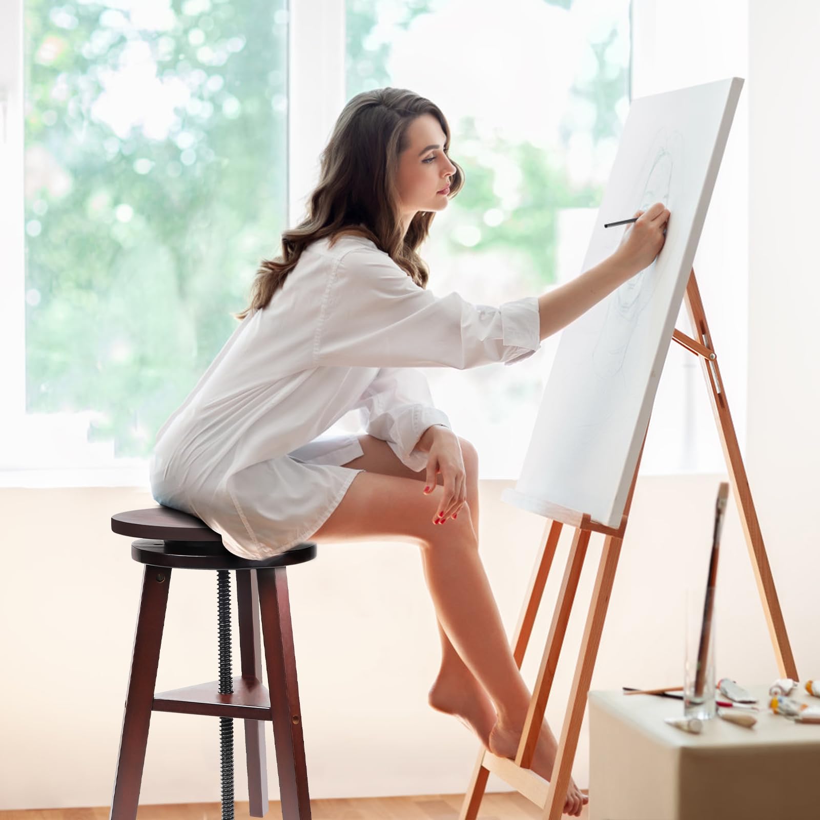 lalago Sgabello da pittura, diametro 30 cm, altezza 48-65 cm, sgabello da disegno in legno di faggio, girevole a 360°, sedia in legno per tavolo da disegno, sedia girevole per artisti, sgabello da