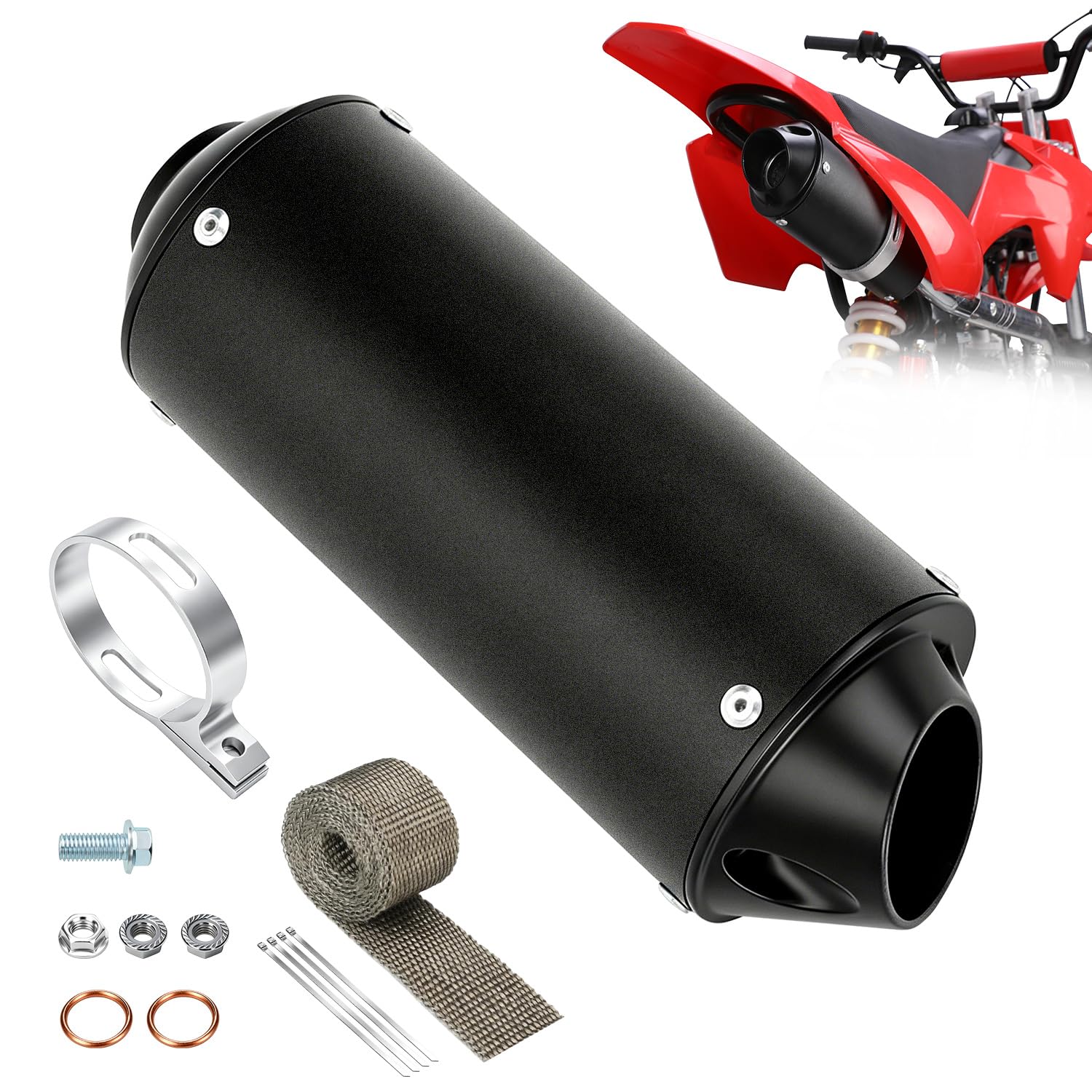 1.1 Inch Muffler Compatible with 125cc 110cc Chinese ATV 4 Wheeler Tao tao Coolster Apollo, Universal 28mm Exhaust Silencer for Pit Dirt Bike CRF50 SSR Baja with Heat Shield Tape Parts
