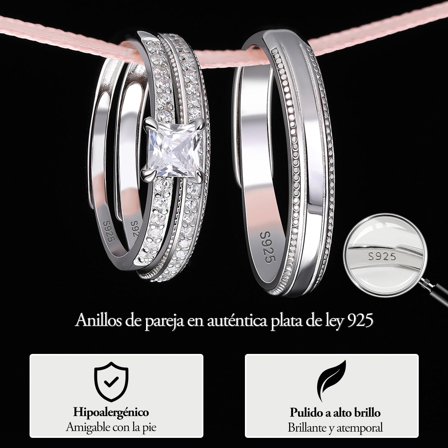 Meissa Set de 3 Anillos de Compromiso Alianzas de Plata Pareja de Ley 925 Zircón Corte Princesa Anillos Ajustables para Pareja Anchos