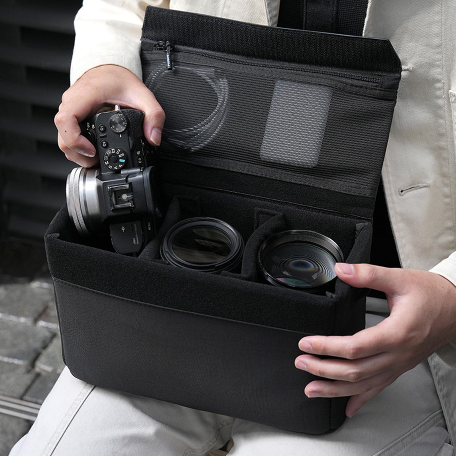Bolsa de almacenamiento para cámara con compartimentos ajustables para una fácil organización de lentes y dispositivos, bolsa extraíble para cámara, Black, L, Funda protectora para cámara