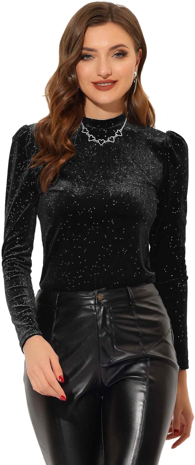 Allegra K Velvet Tops for Women's Puff Long Sleeve Mock Neck Vintage Christmas Shiny Metallic Blouse