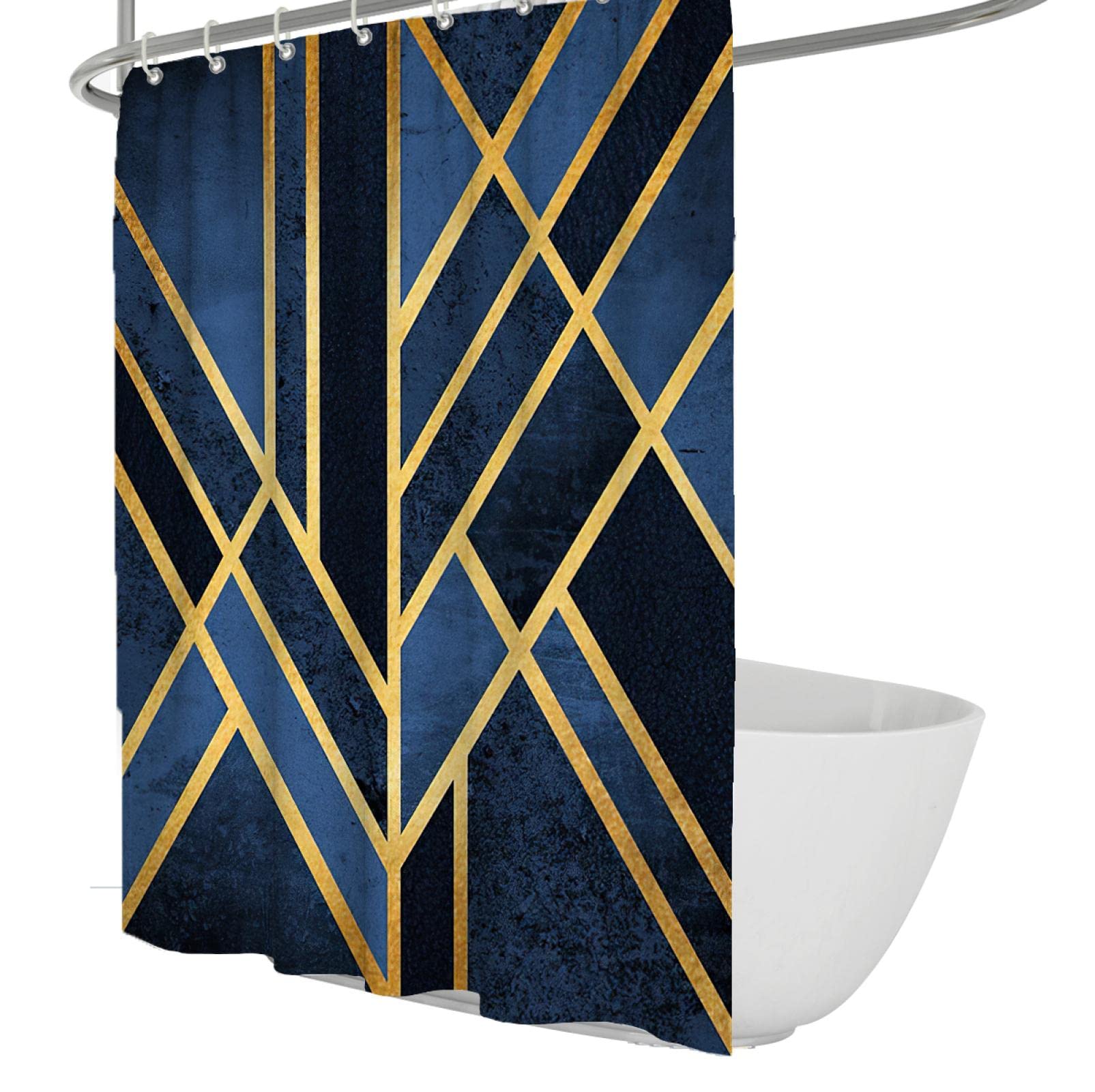 Tenda Doccia In Tessuto Geometrico, Blu E Grigia, 152x183 Cm, Con Ganci, Stile Bohémien Chic