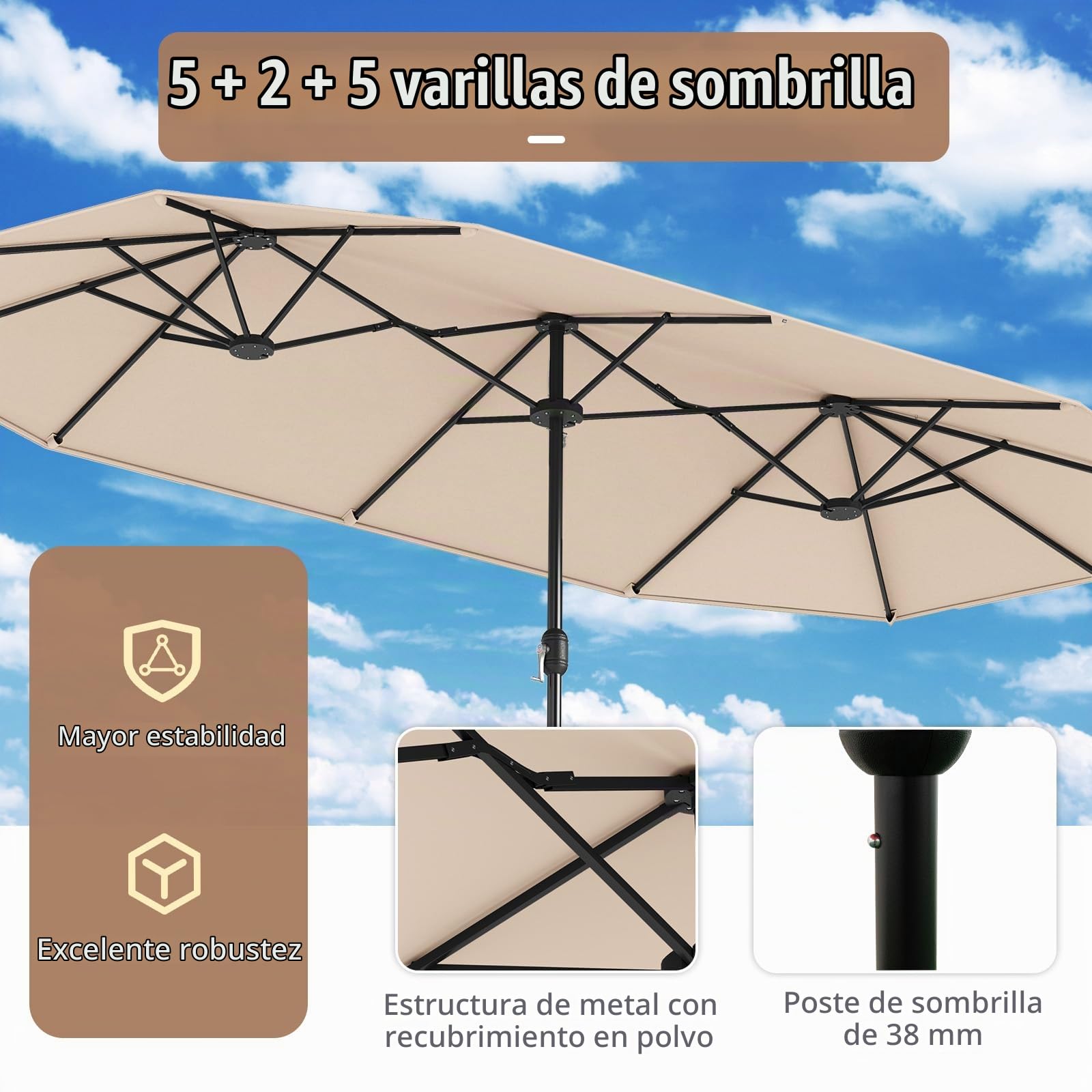 RELAX4LIFE Sombrilla doble de jardín con base de 4 x 2 m, sombrilla parasol con apertura de manivela, tejados ventilados, sombrilla de exterior para patio, patio, restaurante o bar