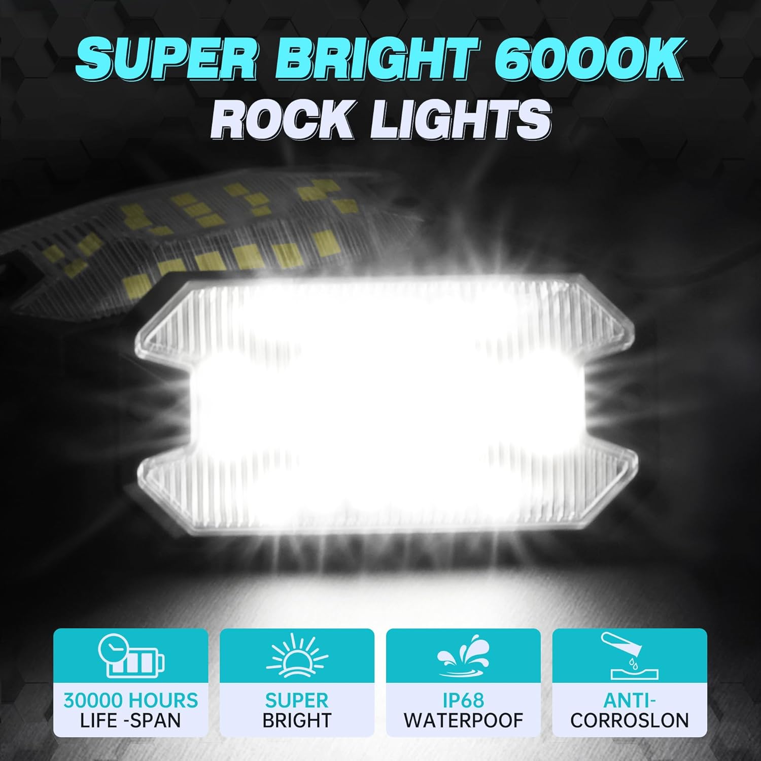 20 Pods Pure White Rock Lights 6000K Pure White 27 LEDs Super Bright LED Underglow Neon Light, 10m Extension Wire, IP68 Waterproof for Trucks Pickup SUV UTV ATV RZR Car Boats