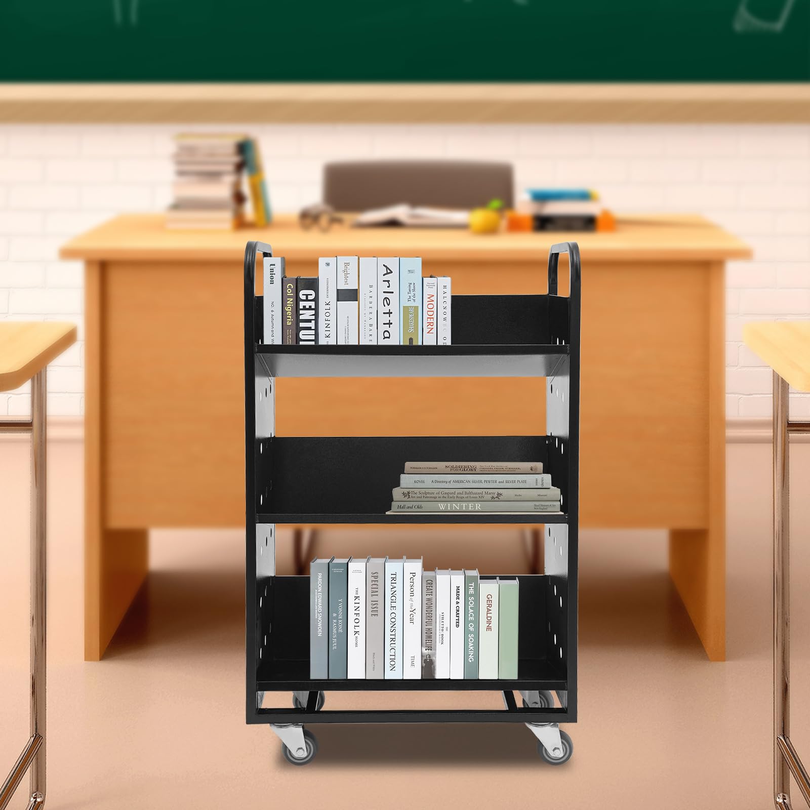 Carrello portaoggetti a tre piani, dimensioni 80 x 36 x 100 cm, nero, con ruote girevoli e maniglia, adatto per librerie, biblioteche, uffici e spazi abitativi