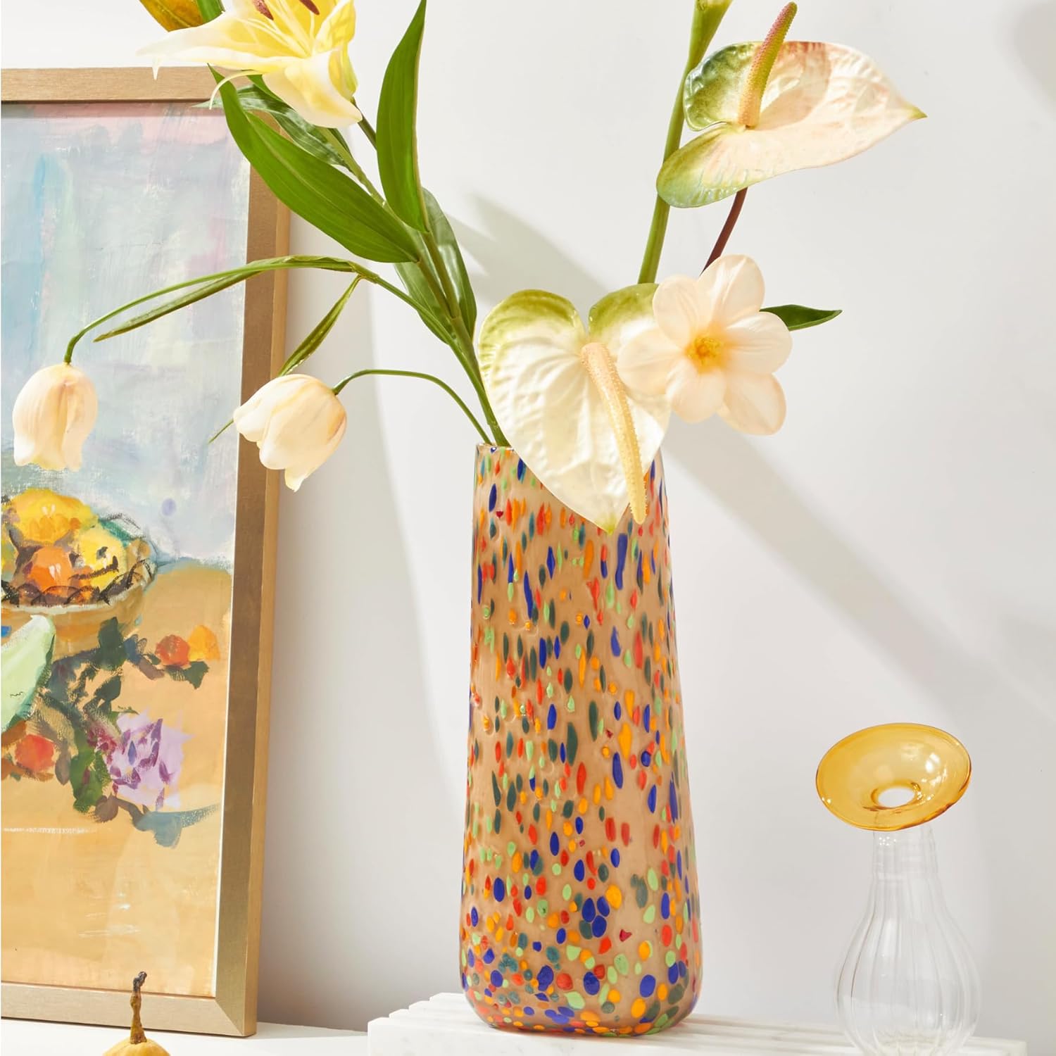 12" H Large Glass Vase,Art Flower Vases for Home Decor,3.97 lb Heavy Luxury vases,Noble Colored Wave Point Dot Hand Blown Vase,Tall Vases for Flower