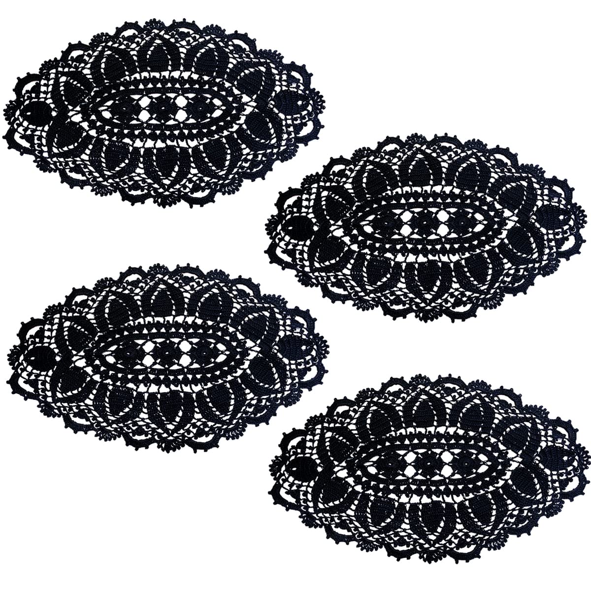BIBITIME Lace Tablecloth Doily Handmade Crochet Placemat Women Vase Mat Kitchen Table Runner (4PCS- 12 x 22 in, Black)
