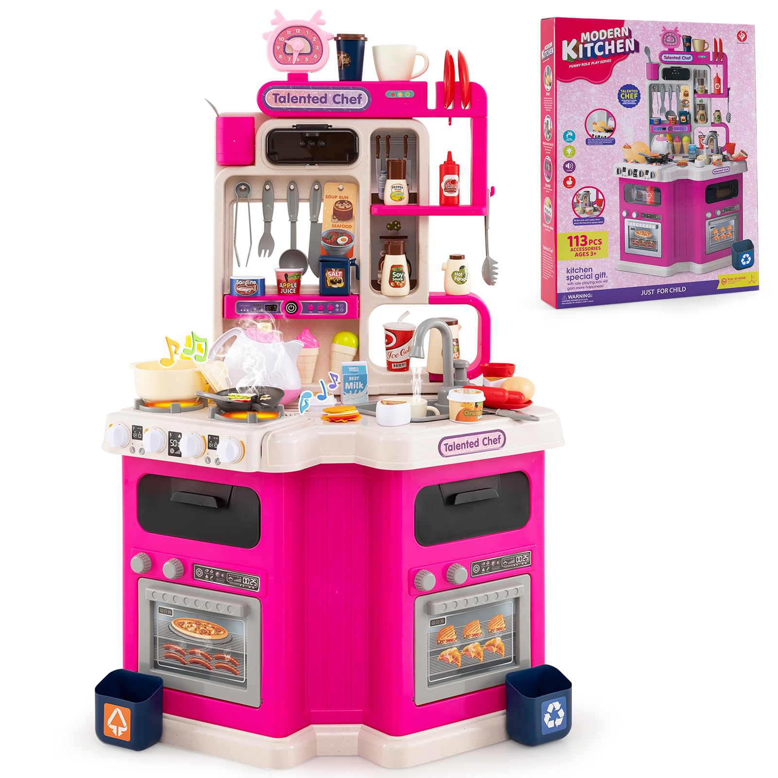 COSTWAY Kids Kitchen Playset, Corner Play Kitchen with Realistic Sounds & Lights, Steam Spray Simulation, Sink, 113 PCS Accessories, Pretend Role Play Toy for Boys Girls (Pink)