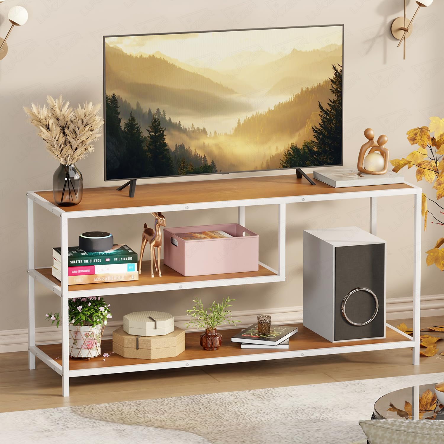 Lukzer Metal & Engineered Wood TV Unit Stand Ideal for TVs Up to 43 Inch | Open Shelves for WiFi Router, Set-Top Box, Speakers & Decor | Living Room Storage Rack Organizer | MTU-001/White + Oak Brown