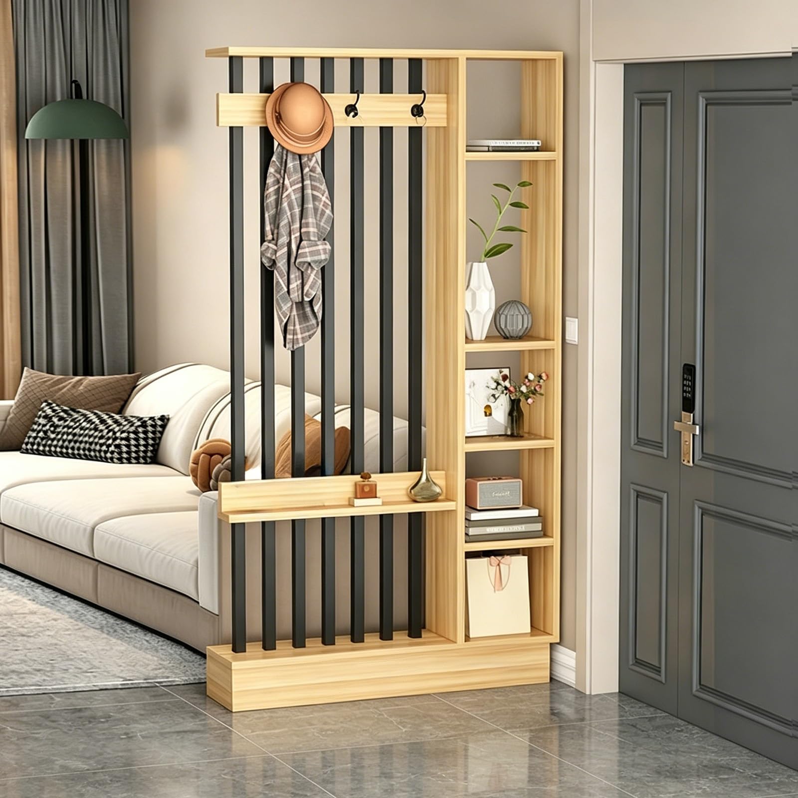 Wall Room Divider, Freestanding Slat Partition with Coat Rack & Shelves, Modern Privacy Screen for Entryway, Living Room and Hallway(Light Walnut+Black,100cm/39.4in)