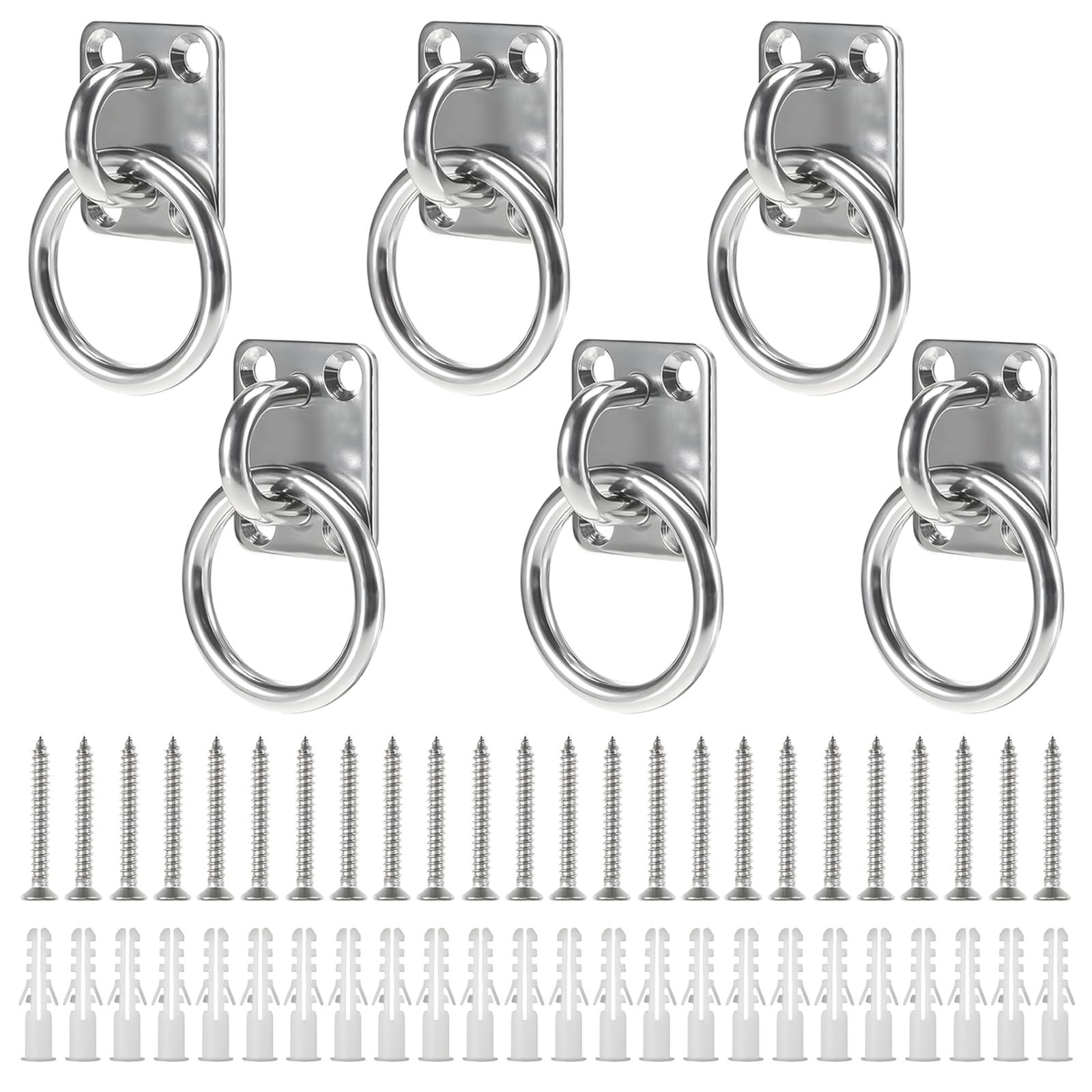 BOZILY 6 Pack Heavy Duty Stainless Steel Pad Eye Plate Horse Tie Up Rings - Durable, Easy Install for Stable, Garden, Boat - Horse Owners, Boaters, Gardeners