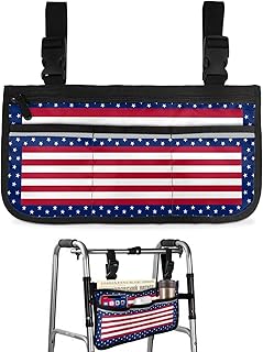 4th of July Wheelchair Side Bag Walker Bag, Patriotic American Star Red Striped Wheelchair Accessories Armrest Pouch, Organizer Storage Bag for Walkers, Rollators, Scooters, 7.3'x13'