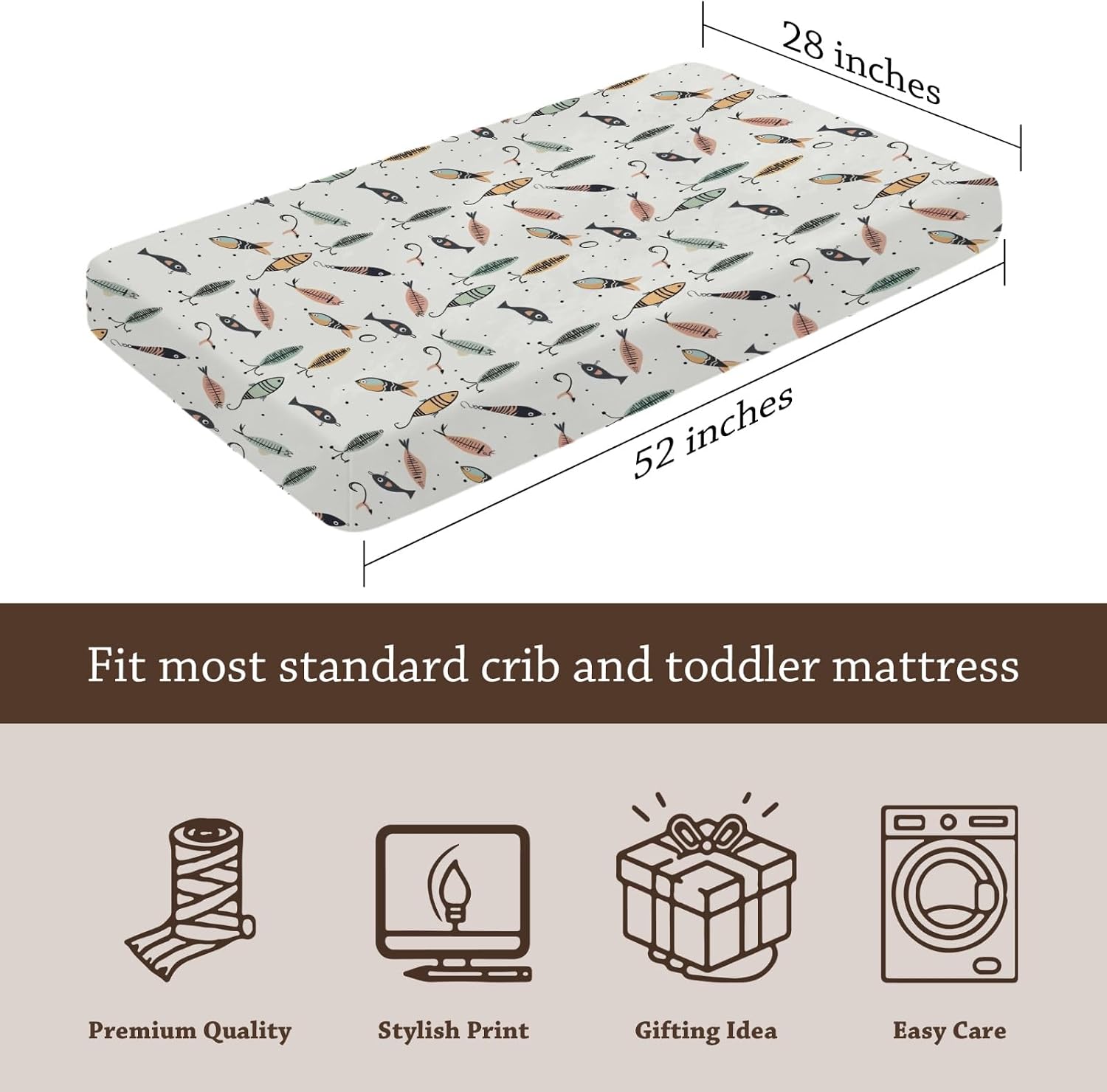 Cartoon Ocean Fishing Fishes Pattern Baby Sheets for Crib, Unisex Fishing Nursery Fitted Bed Sheet for Boys Girls Standard Crib and Toddler Mattress-28x52