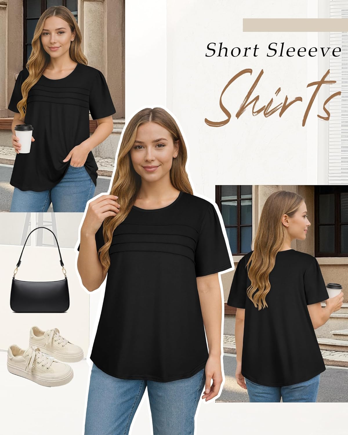 Short Sleeve Tops Womens T Shirts Blouses Dressy Casual Pleated Front Loose fit Outfits - Image 4