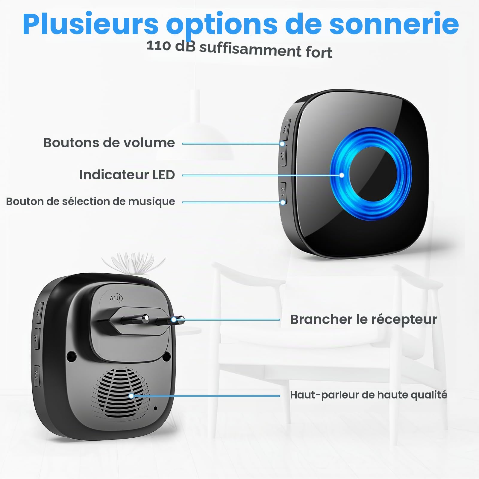PHYSEN Sonnette Sans Fil, Kit de Sonnette de Porte Sans Fil, IP55 Étanche pour Extérieur, Portée de 400m, Kit de Sonnette de Porte avec 4 Récepteur à Brancher et 2 Émetteur, 58 Mélodies avec Flash LED