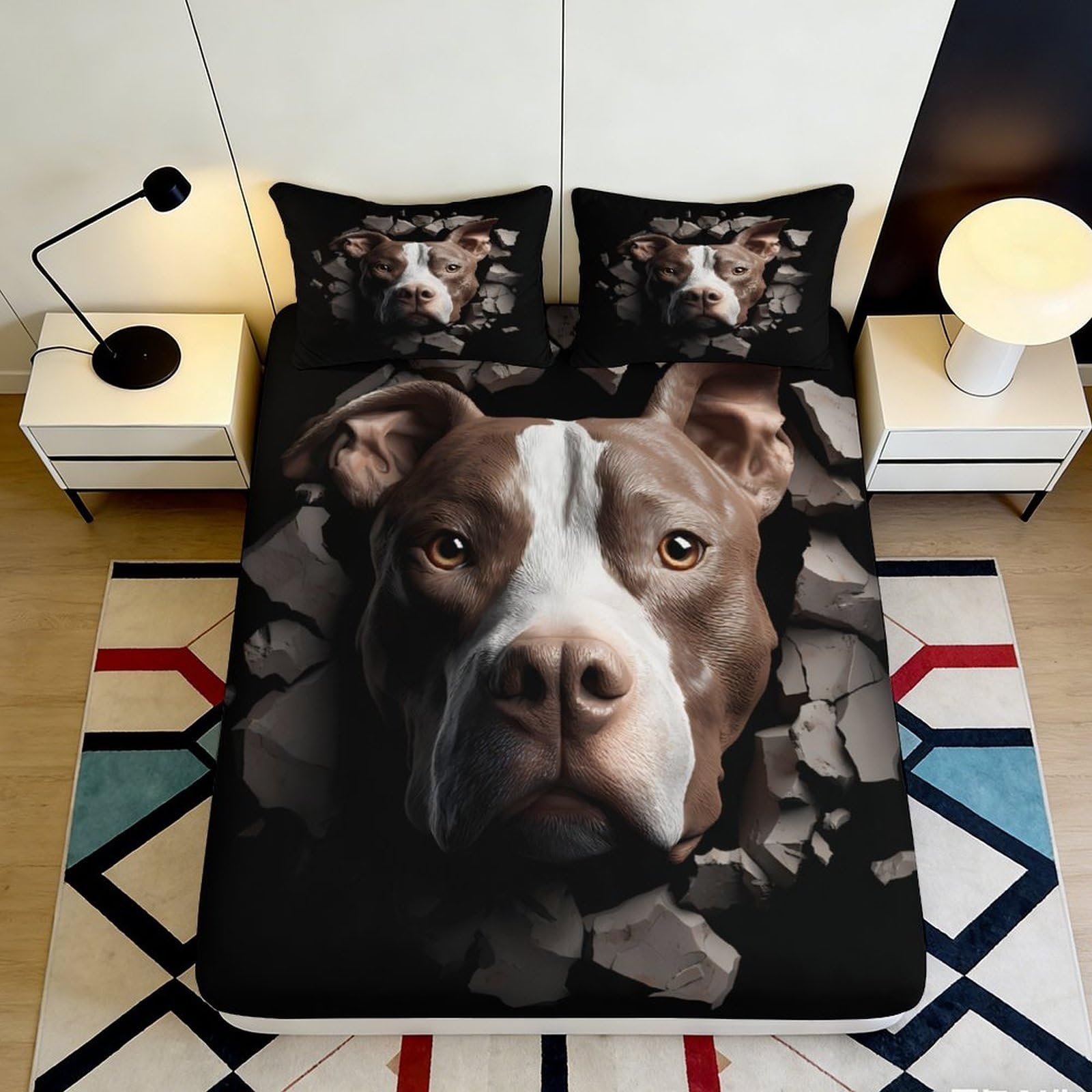 3D Printed Dog Face Fitted Sheet Microfiber Durable Soft 3D Printed Pitbull Mattress Cover for Bedroom Dormitory Guest Room Protection 200x200x25cm