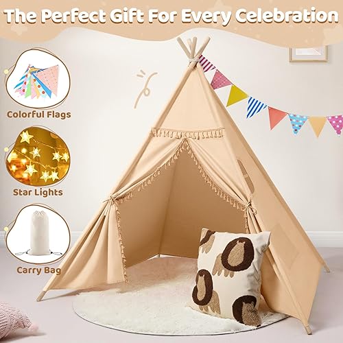 Vista 9 de Sumbababy Tienda de campaña tipi para niños, casa de juegos de lona natural con flecos, tela lavable, tienda de campaña Tipi, incluye bolsa