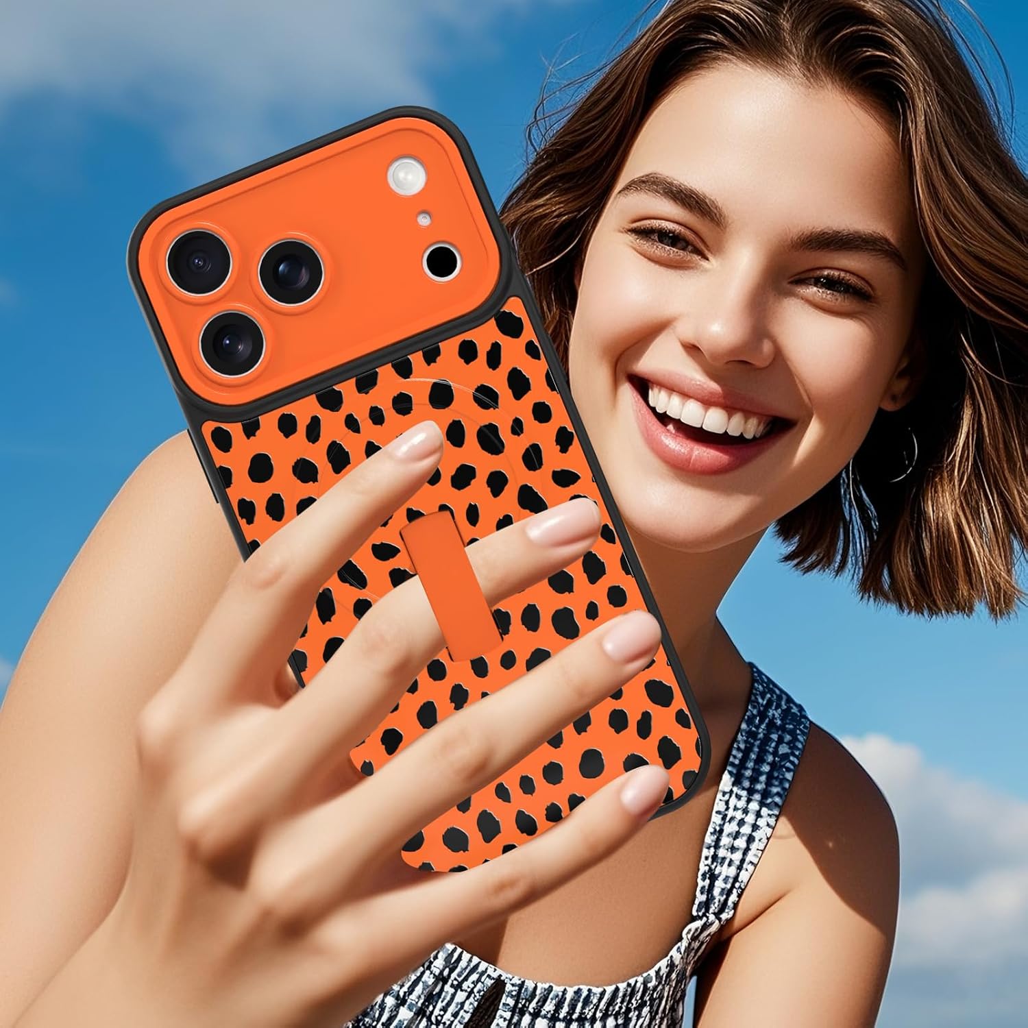 juaes Magnetic for iPhone 17 Pro Case with Finger Strap Kickstand, Compatible with Magsafe, Aesthetic Black Spot Design Phone Case, Full Camera Protection Cover for Women Girls - Orange