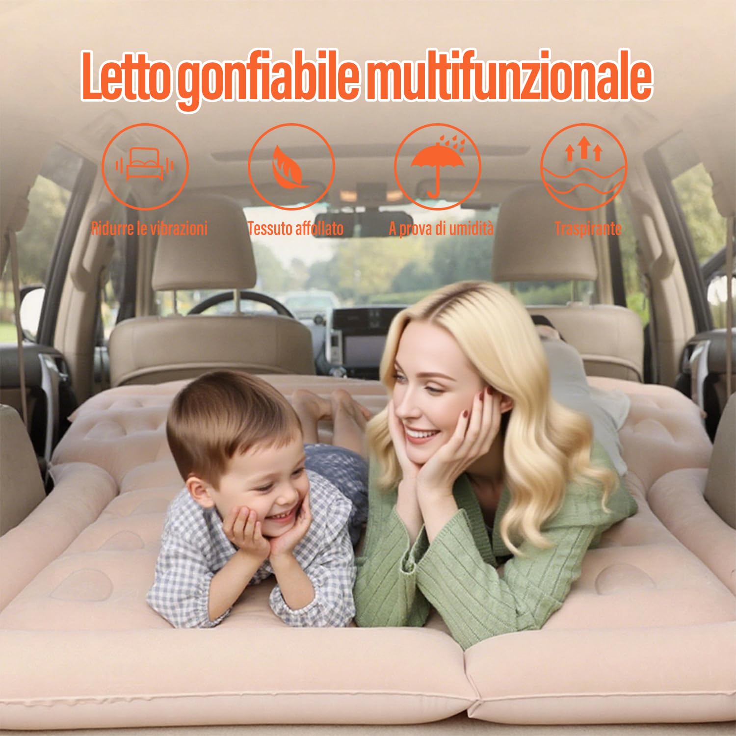 Ergocar Materassino Gonfiabile SUV MPV Floccaggio Materasso Letto per Auto con Pompa per Il Campeggio, Escursionismo, Piscina, Spiaggia, Viaggiare (Beige)