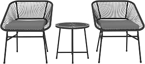 Outsunny 3 Pieces Wicker Patio Furniture Set, Acapulco Chair Set with Glass Top Coffee Table and Cushions, Bistro Table Set Outdoor Patio Conversation Set for Porch, Balcony, Black