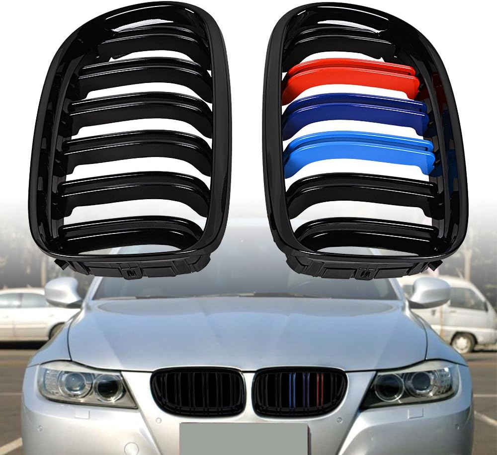 Glossy Black M-Color Double Line Front Kidney Grille Grill For 2009-2011 E90 E91 323i 325i 328i 330i 335i LCI