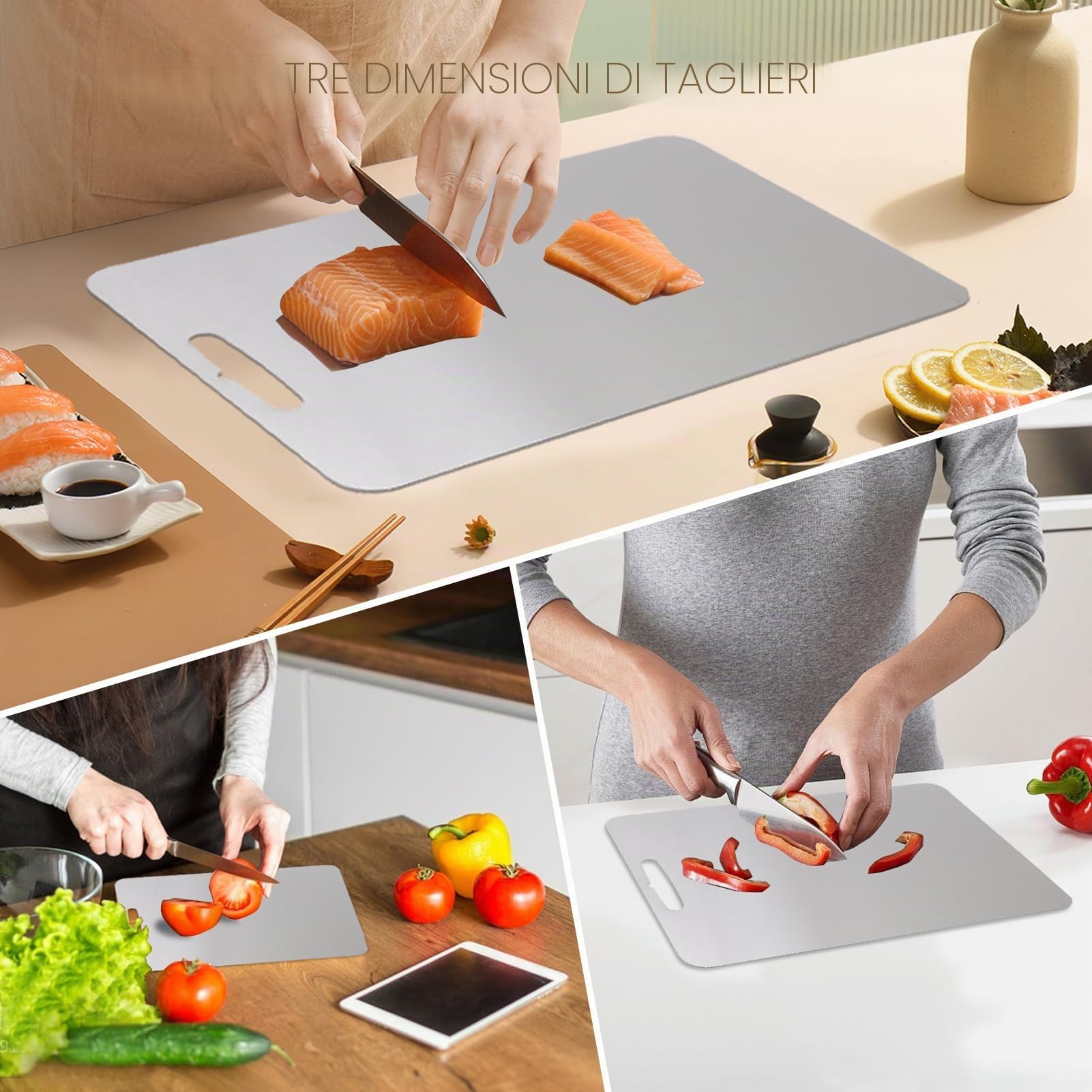 Set di tre taglieri bifacciali, in acciaio inox, tagliere in acciaio inox 304 per verdure, carne e frutta (L)