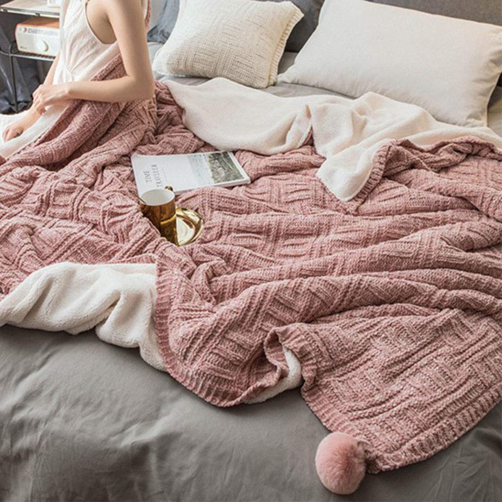 79x90inch Cozy Blush Pink Chenille Sherpa Warm Throw Blanket Knitted Fleece Blanket for Couch,Sofa,Bed Winter Pom Pom Decorative Blanket Photo Prop