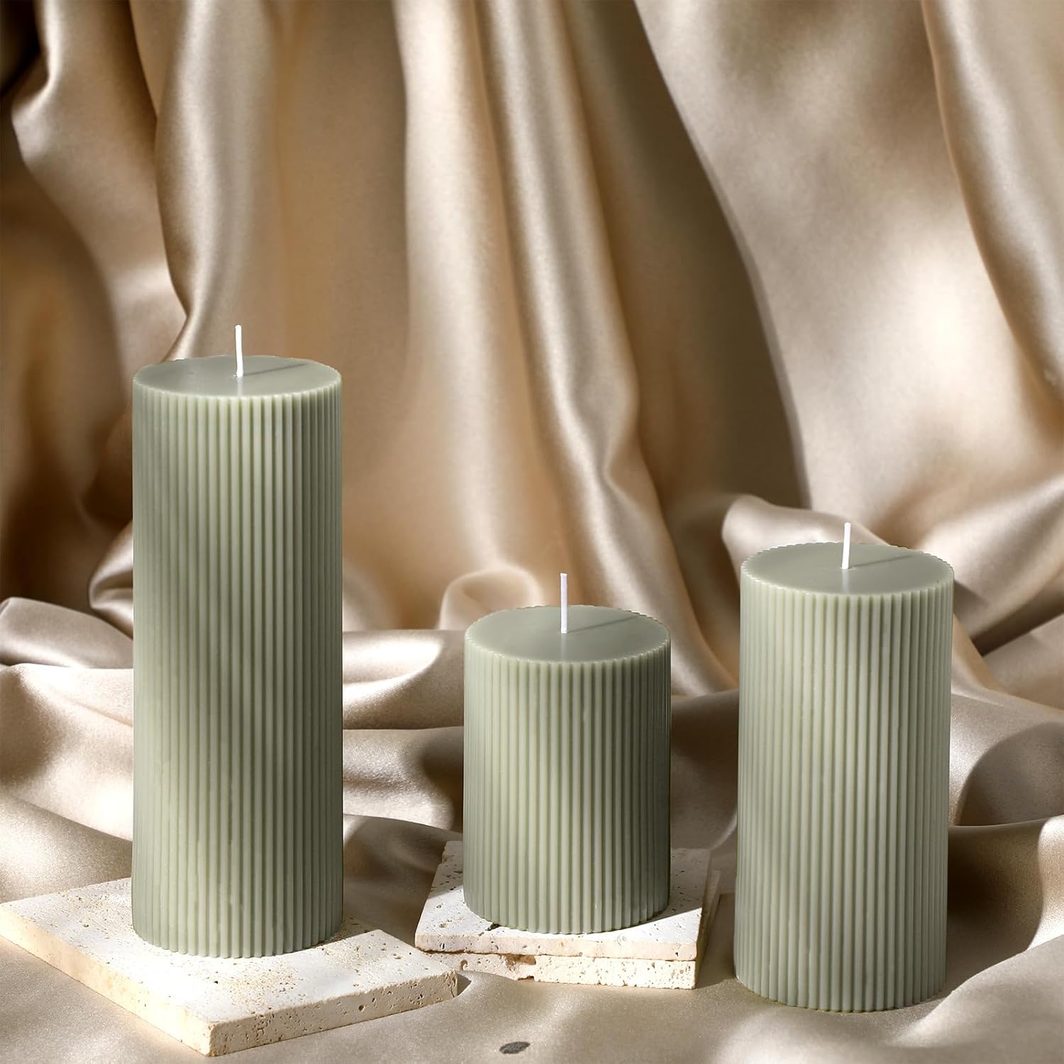 Ribbed Pillar Candles Set of 3, Width 3" High 4" 6" 8" Large Soy Wax Orchids Scented Pillar Candles Aesthetic Ribbed Modern Home Decor for Bathroom Living Room(Bean Green) - Image 4