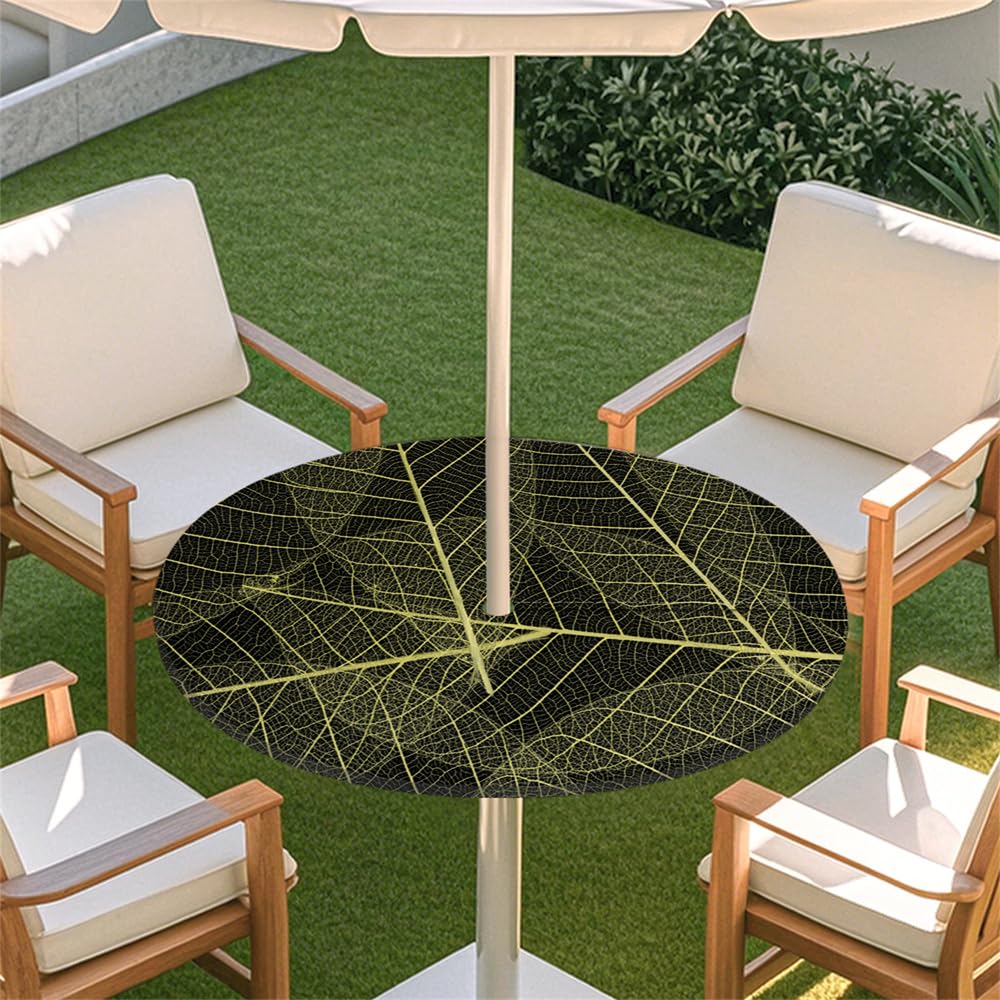 Surwin Outdoor Round Tablecloth with Parasol Umbrella Hole Zipper, Elastic Edge Fitted Protector Round Table Cloth Waterproof Table Cover for Garden BBQ Party -Summer Leaf (Black,S(79-89cm)